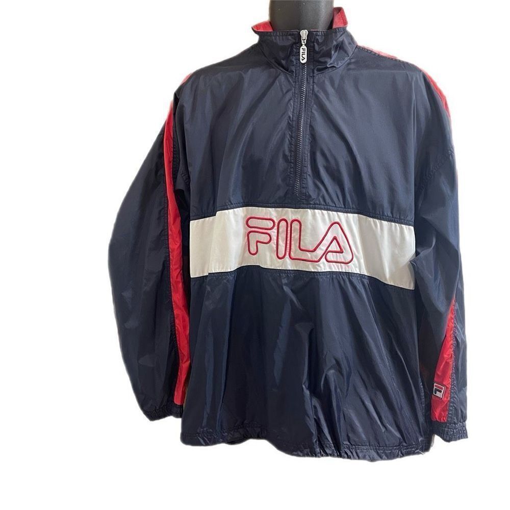 Fila Pullover Windbreaker Jacket Mens L Large Navy Collar VTG EUC